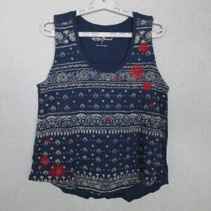 Lucky Brand Women's Tank Top Navy Blue Paisley Floral Embroidered Size Large